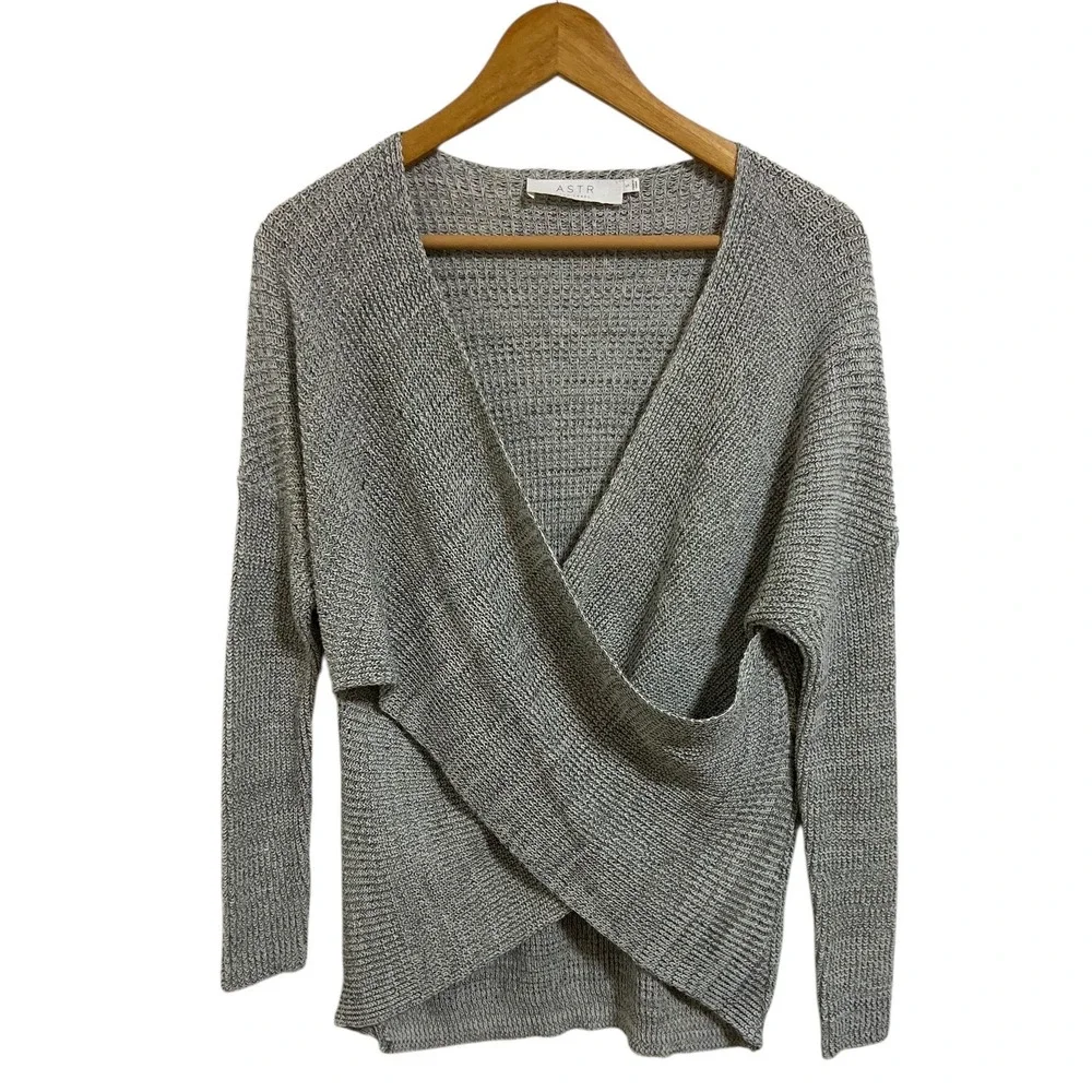 ASTR The Label Grey Knit Wrap Front Long Sleeve Sweater Office Top Women's Small